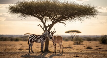 A zebra and an antelope stand under a tree 