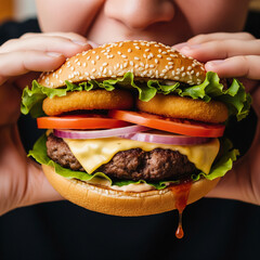 A person holds a large, delicious cheeseburger with lettuce, tomato, and onion rings, ready to take a bite.