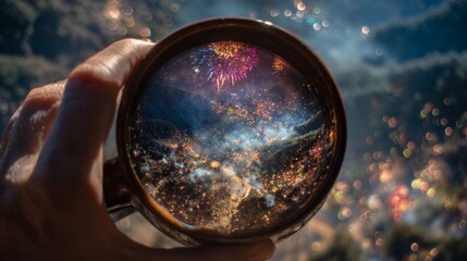 Fireworks viewed through mug