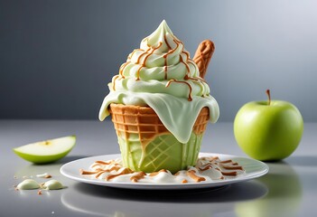 Delicious green apple soft serve ice cream sundae with chocolate drizzle