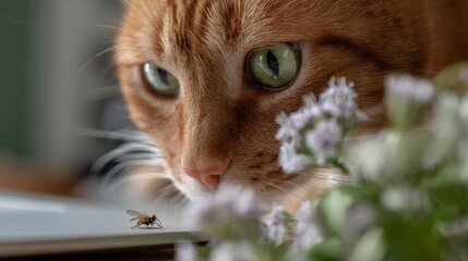Ginger cat observing insect