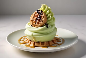 Green tea soft serve ice cream with waffle and caramel sauce