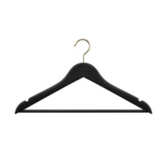 Modern black matte wood clothes hanger with gold hook, centered, perfect for fashion, apparel sales, closet clear-outs, seasonal wardrobe changes, and luxury retail ads.