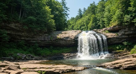 Fototapeta premium Cascade waterfall in lush green forest. Rocky terrain, clear water