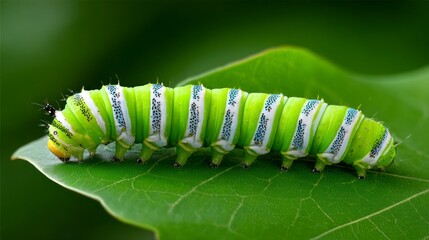 Green caterpillar on leaf closeup