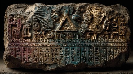 Ancient Stone Carving of Hieroglyphs and Symbolic Figures in a Dramatic Lighting
