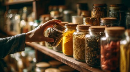 Hand reaching for jar in pantry