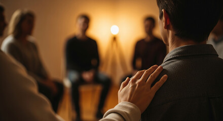 A supportive hand on a shoulder during a group therapy session, offering comfort.