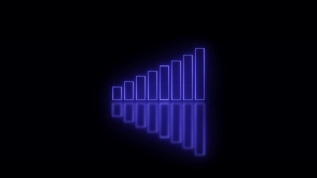 Glowing blue bar graph increasing in size against a dark background.Neon graph chart growth arrow upward trend business success. Digital data finance market analytics progress.