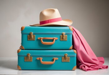 Vintage teal suitcases stacked with a straw hat and pink scarf ready for travel