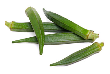 Top view green fresh okra on white background.