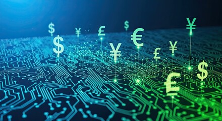 Navigate global finance with a modern circuit board design featuring currencies like the dollar, yen, euro, and pound sterling for innovative solutions