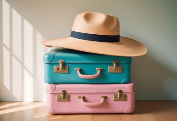 Vintage suitcases stacked with a straw hat ready for travel