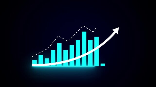 Glowing cyan bar chart with upward arrow and dashed line graph indicating financial growth. Business growth chart finance profit success target. Corporate market sales progress development.