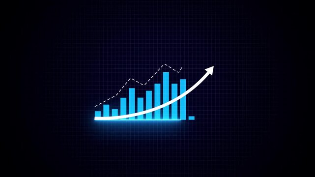 Business growth chart finance profit success target. Corporate market sales progress development. Glowing blue bar chart with upward arrow and dashed line graph indicating financial growth.