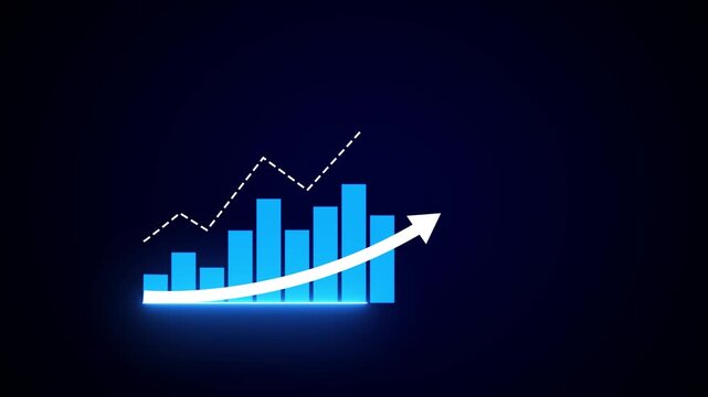 Abstract blue bar graph with upward trend arrow and dashed line chart on dark background. Financial growth chart market investment success. Corporate profit strategy progress development.