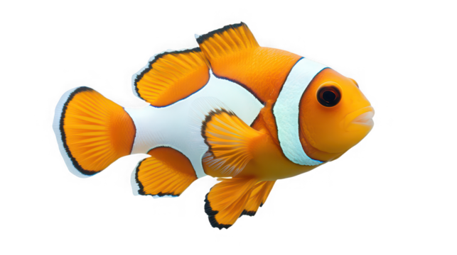 Isolated clownfish with orange and white stripes swimming in a black background close up shot