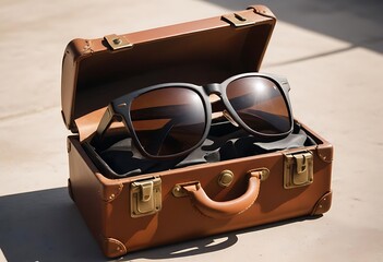 Vintage suitcase filled with stylish sunglasses ready for travel