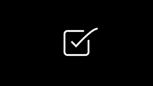 Minimalist white checkmark inside a square outline on a black background.Tick mark icon symbol approval concept. Green check sign confirmation agreement success design.