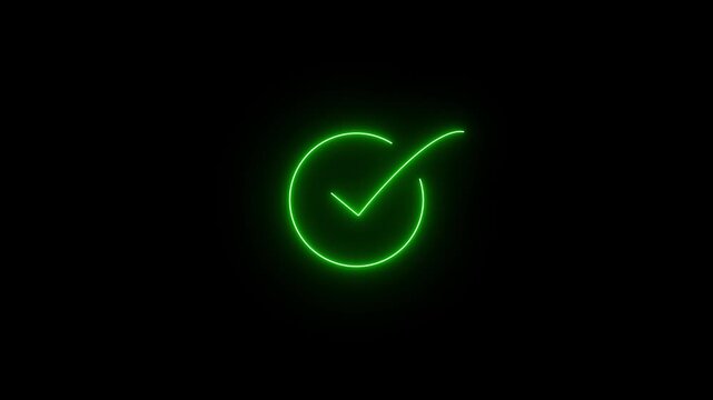 Glowing green neon checkmark symbol.Neon tick mark icon approval success concept. Futuristic digital symbol confirmation technology design. Green check mark for approval symbol. Correct or Ok.
