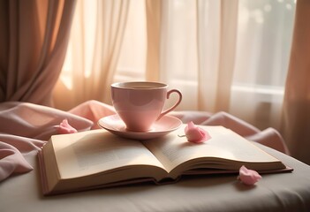 Cozy morning with a book and a cup of tea by the window