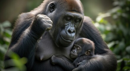 Obraz premium A gorilla tenderly holds a baby gorilla in its