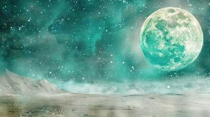 Mystical Green Moon Over Icy Landscape Under Starry Sky