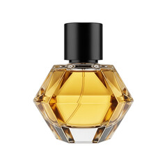 Elegant, unbranded perfume bottle with geometric, crystal-like facets, golden liquid, and matte black cap. Perfect for luxury beauty, fragrance promotions, Black Friday sales.