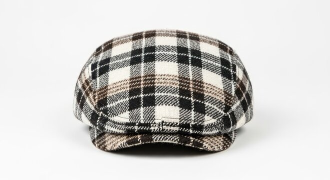 A close-up front view of a classic plaid flat cap with a brim.