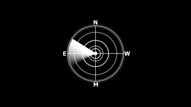 Futuristic radar display showing navigation and direction with north east west south markers. Radar navigation system target detection security. Military sonar communication technology maritime safety