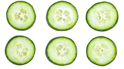 Six slices of fresh cucumber arranged symmetrically on a solid black background in a studio shot