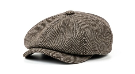 A classic brown herringbone tweed flat cap with a button on top and a stiff brim.