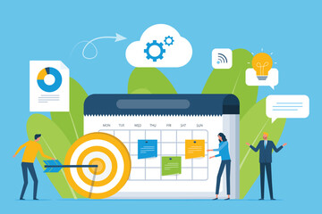 Business marketing team collaborating to plan and organize work schedules. people team meeting and working with a large calendar. and flat vector illustration design business planning concept.  
