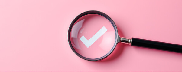 Magnifying glass highlighting a check mark symbol on a soft pink background, representing verification, approval, and successful inspection in a minimal style.