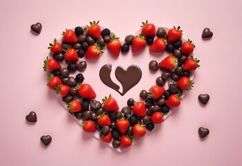 Heart shaped arrangement of fresh strawberries and blueberries with chocolate candies