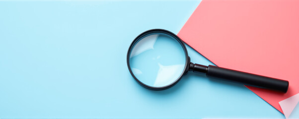 Magnifying glass placed on a dual-colored background of blue and red paper, symbolizing search, focus, and investigation with a clean and creative concept.