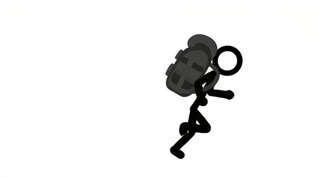 Animated Stick Figure with Backpack Running Across White Background