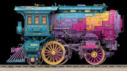 Colorful vintage steam train illustration in a vibrant and creative artistic style