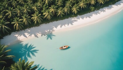 Aerial view of person relaxing on inflatable raft in clear turquoise ocean water near tropical beach