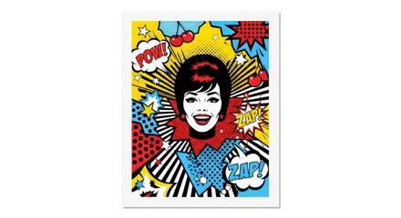 Retro Pop Art Portrait of a Woman with Cherries and Comic Book Sound Effects.