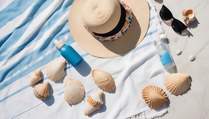Beach essentials laid out on a towel including a straw hat sunglasses and seashells