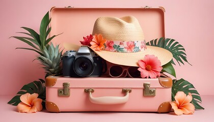Vintage pink suitcase packed for a tropical vacation with hat and flowers