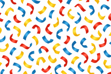 Colorful celebration confetti falling pattern with red, yellow, blue shapes on transparent background for party design