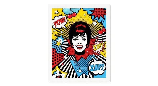Retro Pop Art Portrait of a Woman with Cherries and Comic Book Sound Effects.