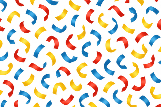 Colorful celebration confetti falling pattern with red, yellow, blue shapes on transparent background for party design