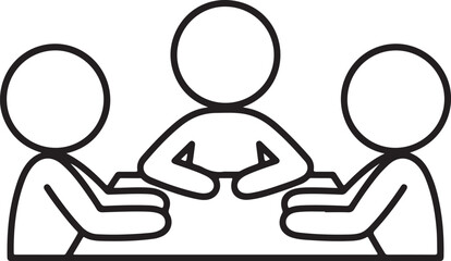 Three stick figures meeting around a table