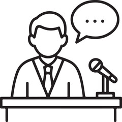 Speaker at podium with microphone and speech bubble