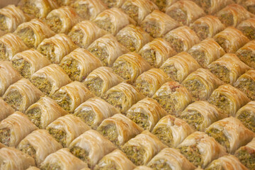 Baklava dessert display in a traditional market setting