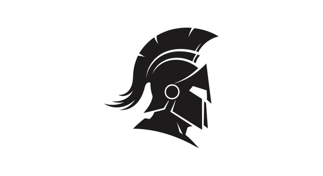 Black graphic illustration of a gladiator helmet on a white background.