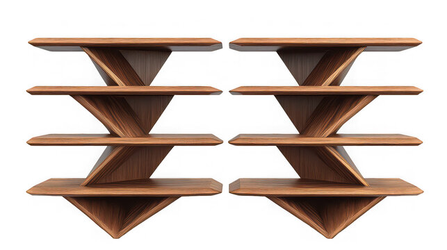 A symmetrical view of two wooden shelves with triangular supports on a plain black background